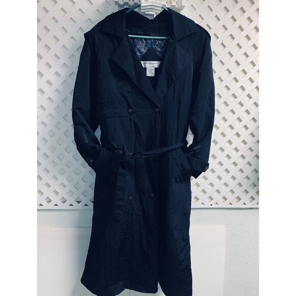 Sz 10 Vtg Maggie Lawrence Long Trench Rain Coat Black Belted Zip Out Lining EUC - Picture 6 of 16